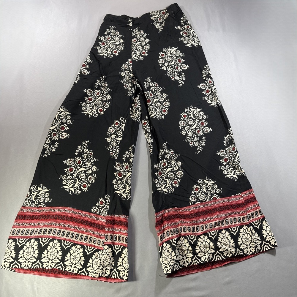 Free For Humanity Italy Wide Leg Palazzo Pants Floral Print Black Red Size S/M